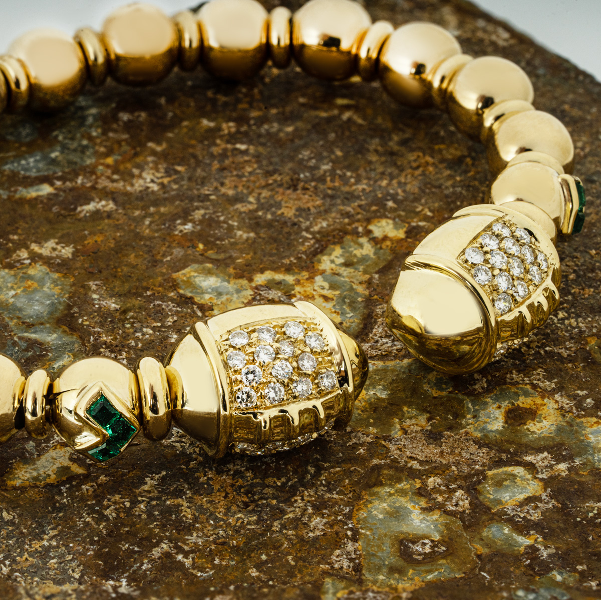 Yellow Gold Diamond & Emerald Cuff Bangle